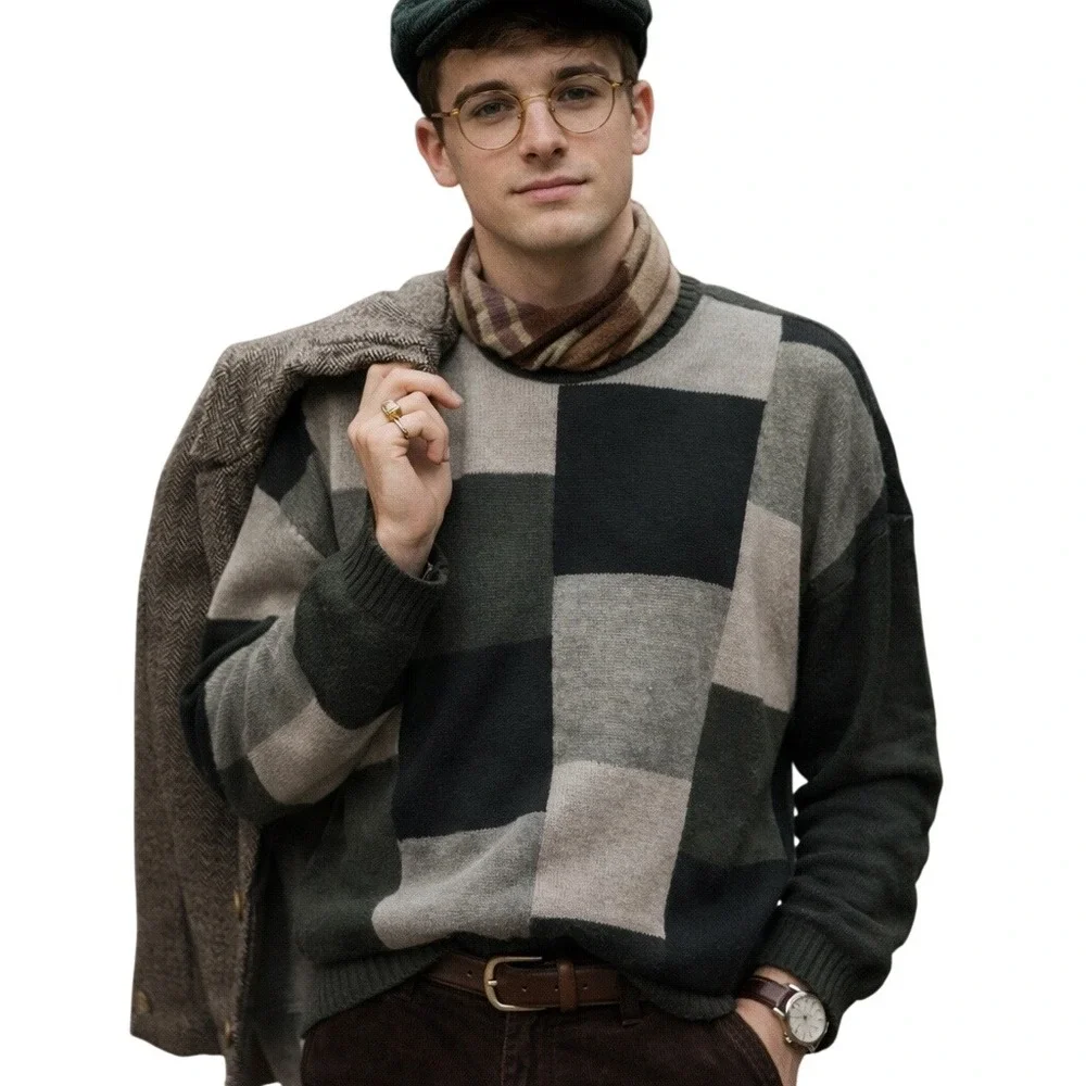 Oscar de la Renta‎ Men's Sweater Crew Neck Pullover Size XXL Gray Black Check